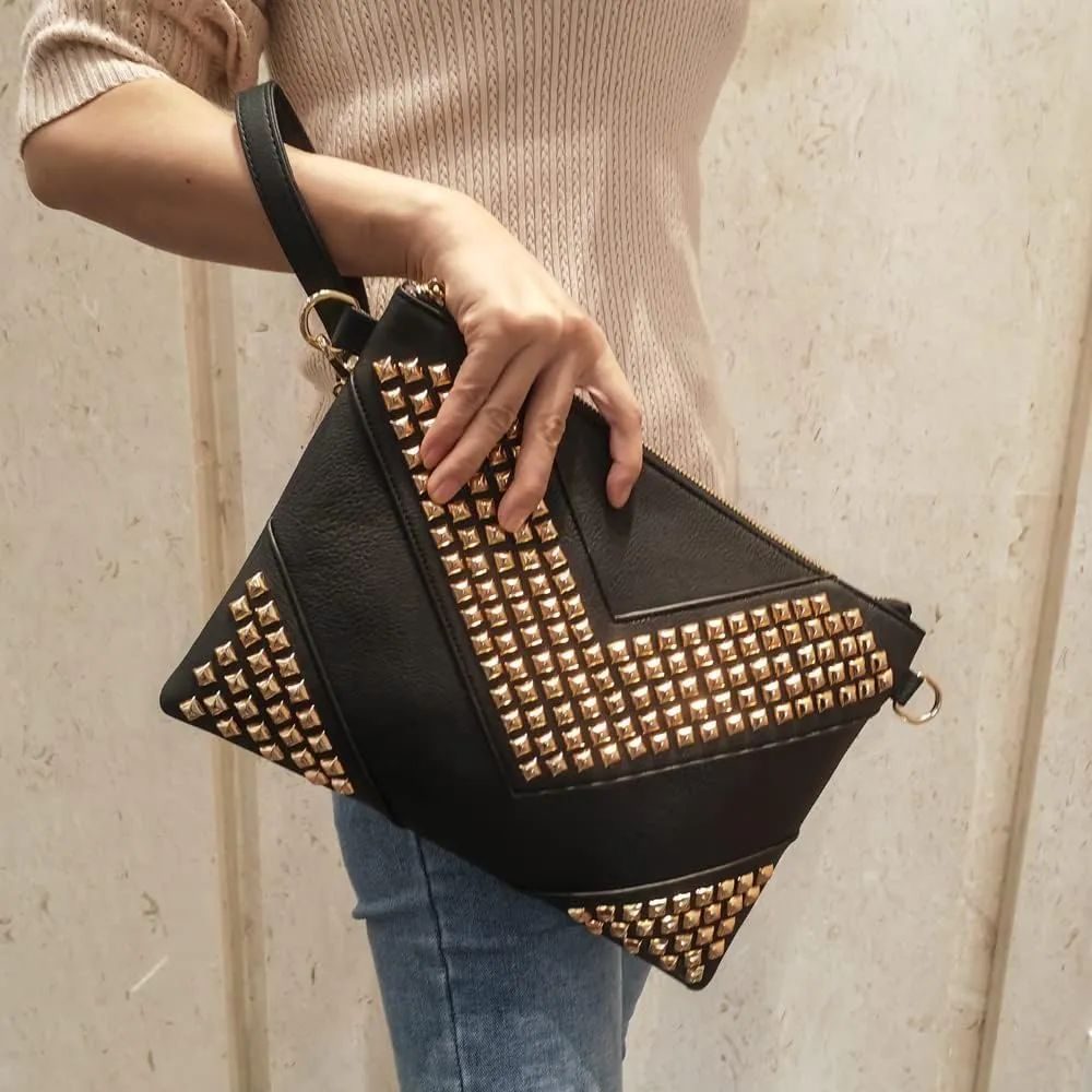 NIGEDU Oversized Clutch Bag Purse Women PU Leather Crossbody Shoulder Bags Studded Wristlet Handbag Rivet Envelope Clutches