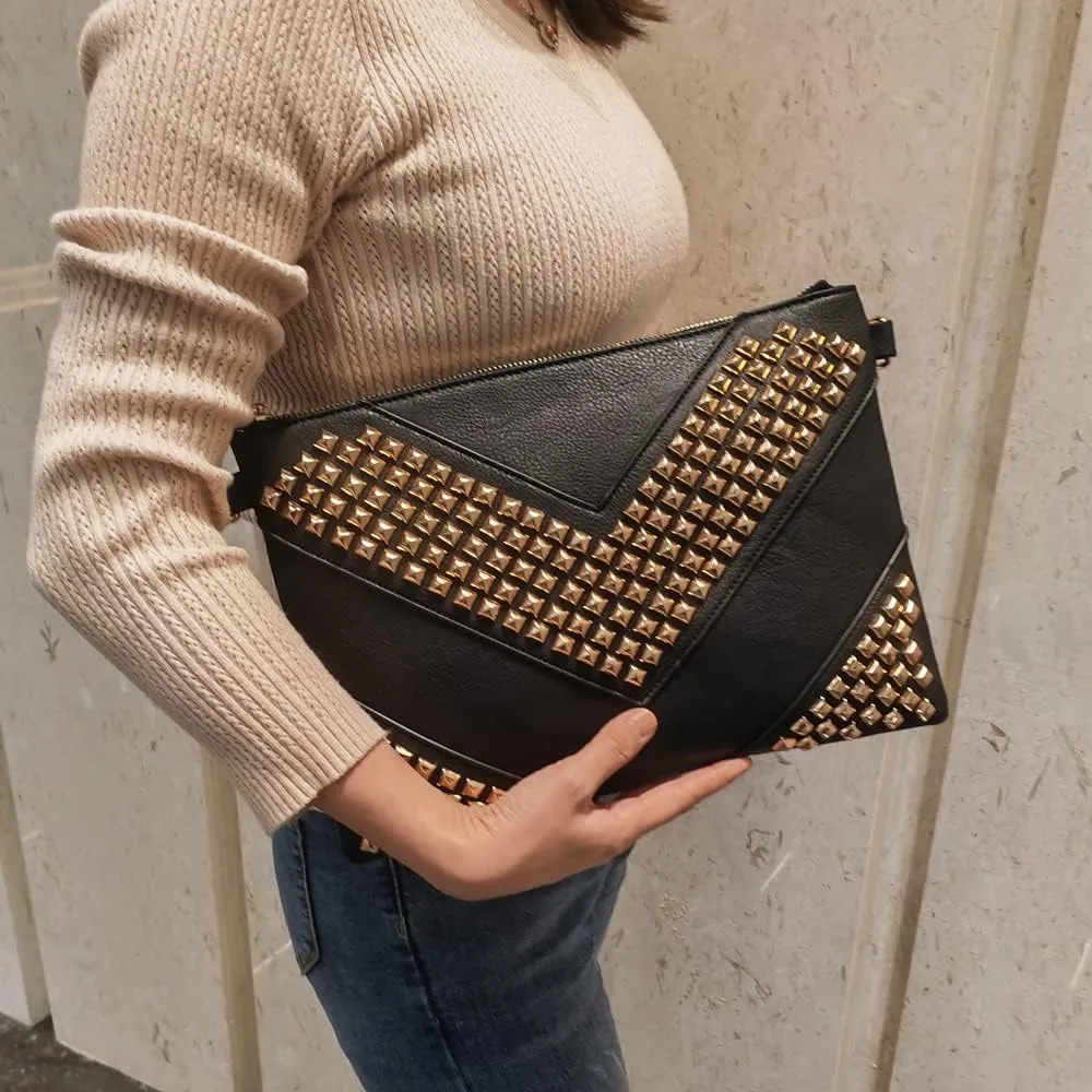 NIGEDU Oversized Clutch Bag Purse Women PU Leather Crossbody Shoulder Bags Studded Wristlet Handbag Rivet Envelope Clutches