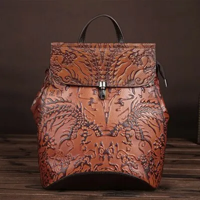 Norbinus Genuine Embossed Leather Women Backpacks Vintage National Style Daypack School Bags for Teenager Girls Travel Rucksack