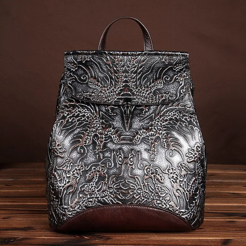 Norbinus Genuine Embossed Leather Women Backpacks Vintage National Style Daypack School Bags for Teenager Girls Travel Rucksack
