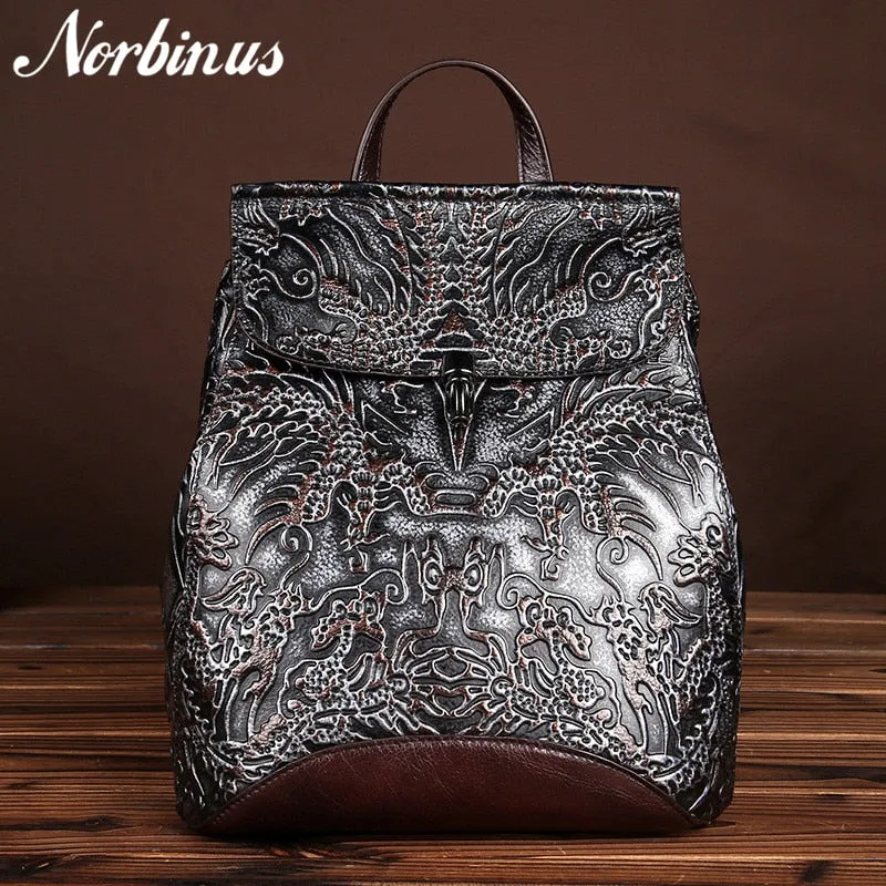 Norbinus Genuine Embossed Leather Women Backpacks Vintage National Style Daypack School Bags for Teenager Girls Travel Rucksack