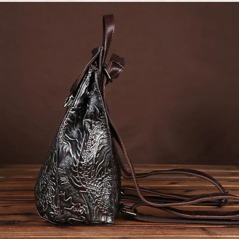 Norbinus Genuine Embossed Leather Women Backpacks Vintage National Style Daypack School Bags for Teenager Girls Travel Rucksack