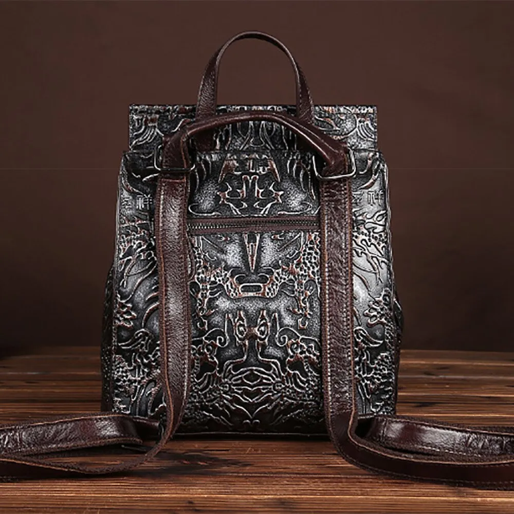 Norbinus Genuine Embossed Leather Women Backpacks Vintage National Style Daypack School Bags for Teenager Girls Travel Rucksack