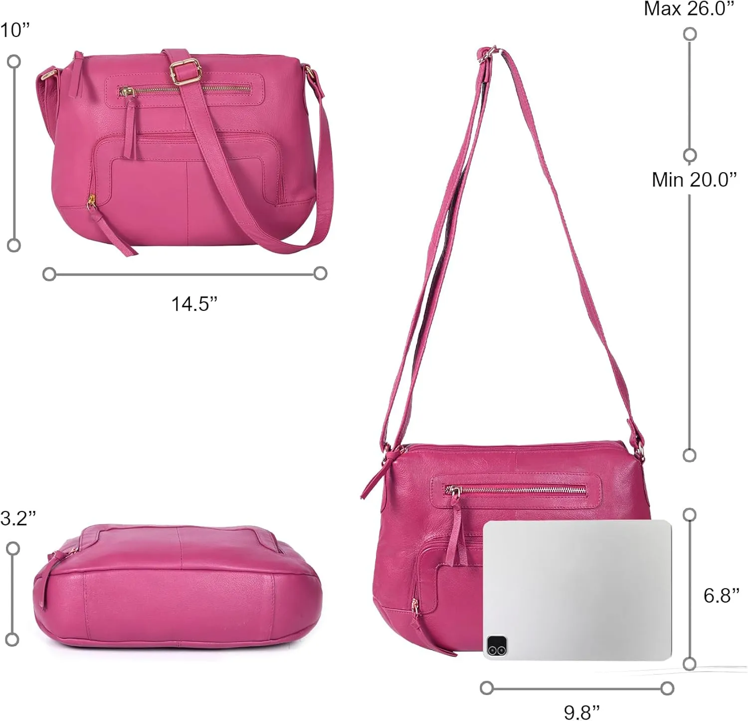 Oak Leathers Women's Crossbody Bag - Genuine Leather Crossover Shoulder Purse With Adjustable Sling Strap - Medium Size