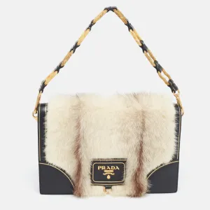 Off White/Black Mink Fur and Saffiano Leather Flap Bag