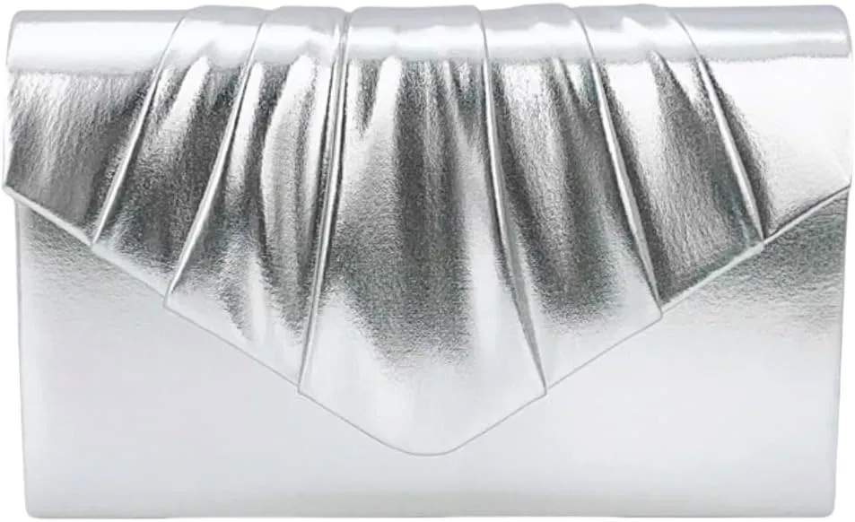 Party Clutch Bag for Women - Pleated Envelope Clutch Handbag with Removable Chain, silver