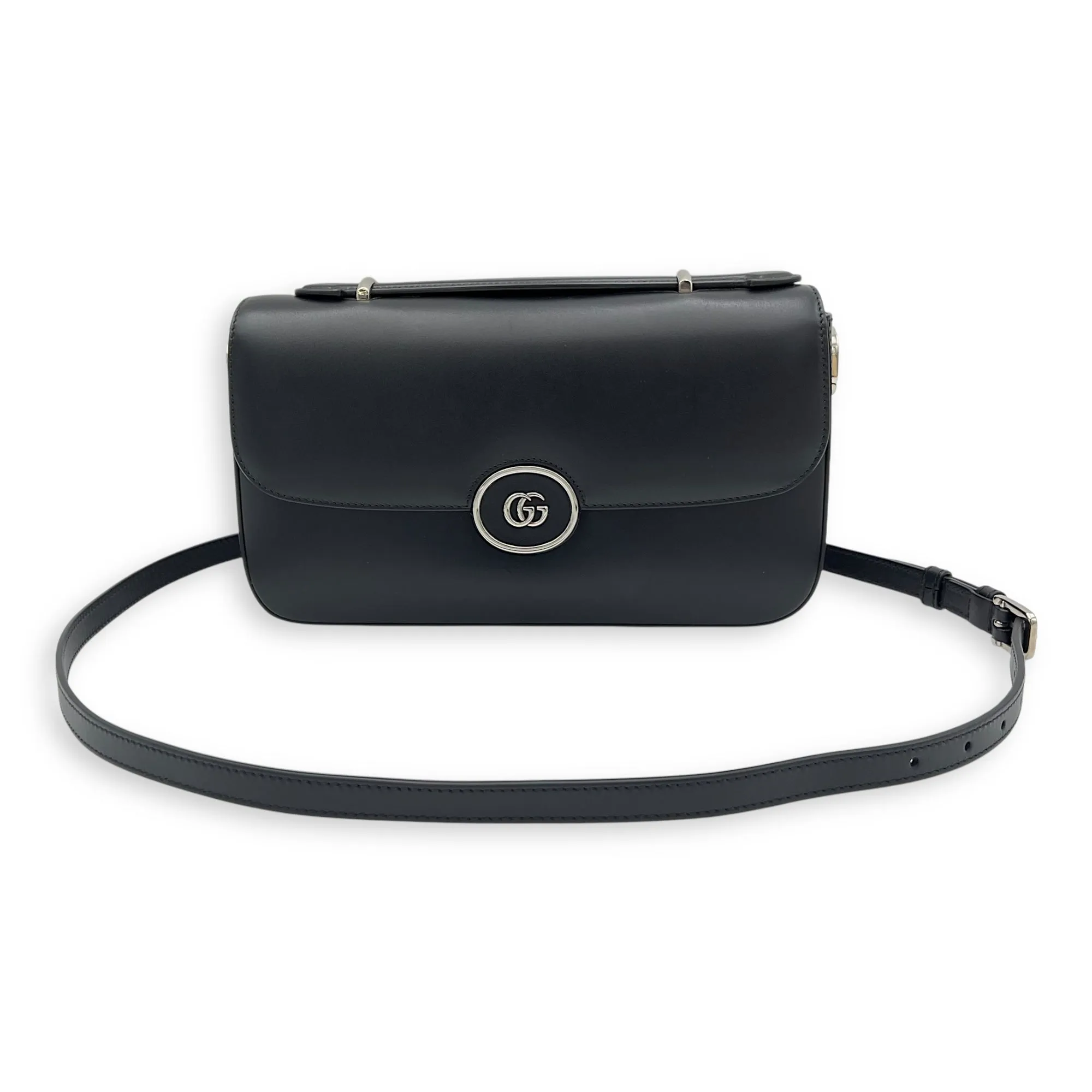Petite GG Small Black Crossbody Bag in Calfskin, Silver hardware