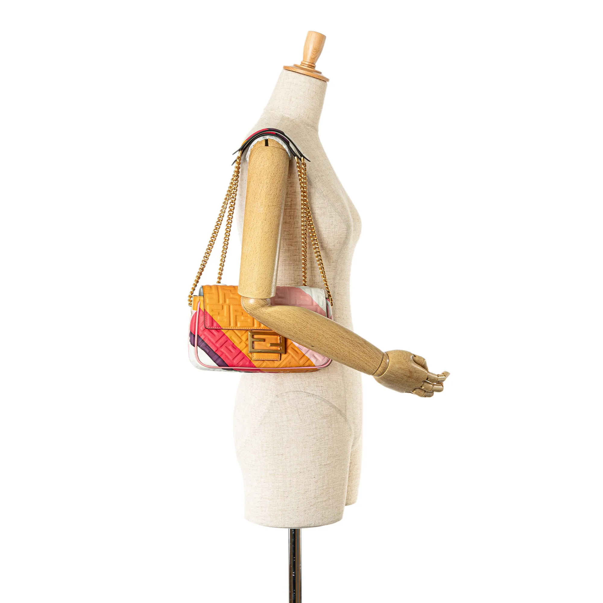 Pink Fendi Zucca Embossed Chain Midi Baguette Shoulder Bag
