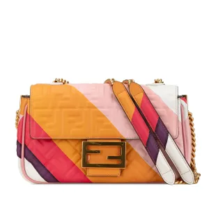 Pink Fendi Zucca Embossed Chain Midi Baguette Shoulder Bag