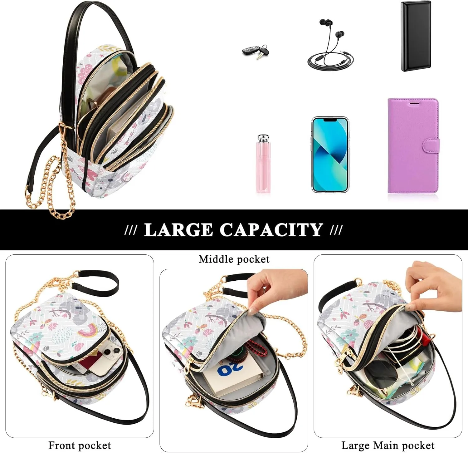 Pink Floral Koala Cross Body Bags Triple Zip Women's Crossbody Handbags, Work Bags for Women