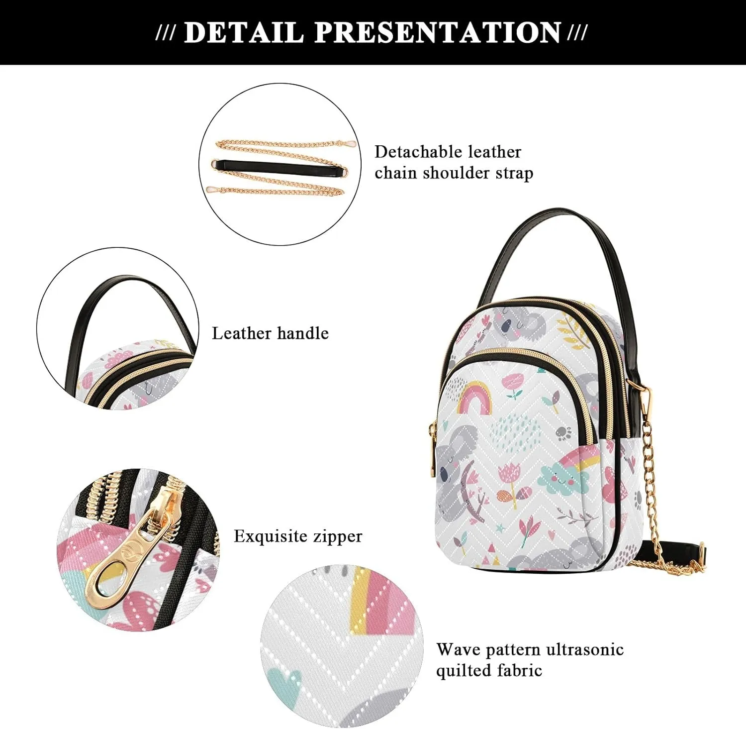 Pink Floral Koala Cross Body Bags Triple Zip Women's Crossbody Handbags, Work Bags for Women