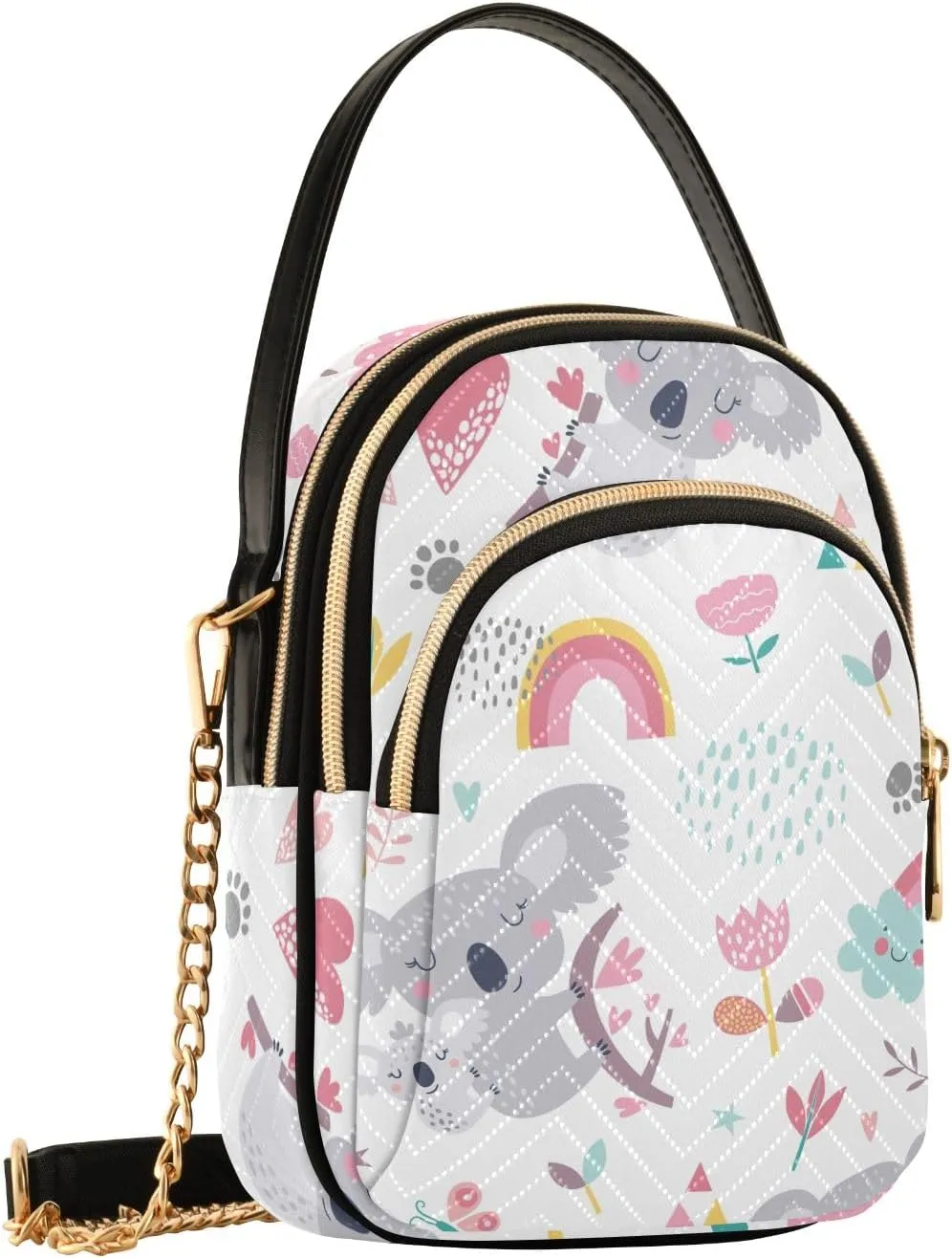 Pink Floral Koala Cross Body Bags Triple Zip Women's Crossbody Handbags, Work Bags for Women