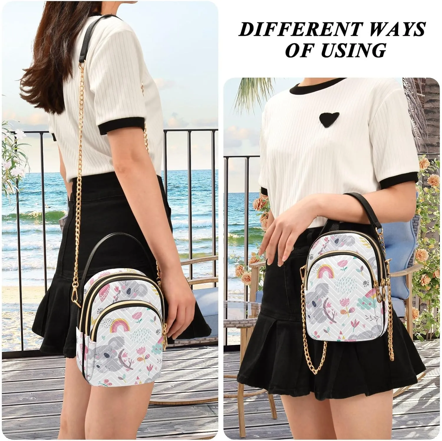 Pink Floral Koala Cross Body Bags Triple Zip Women's Crossbody Handbags, Work Bags for Women