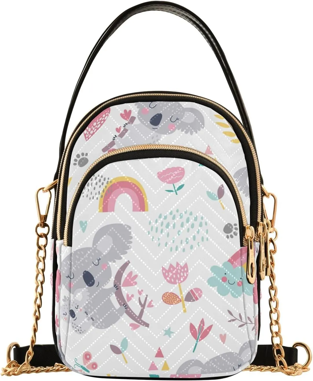 Pink Floral Koala Cross Body Bags Triple Zip Women's Crossbody Handbags, Work Bags for Women