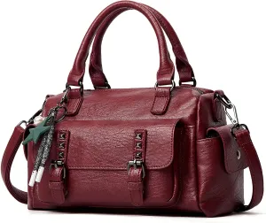 PORRASSO Retro Handbag Women's Shoulder Bags Women Shoulder Bags with Pendant Waterproof PU Leather Handbag Work Travel Date Boston Bag