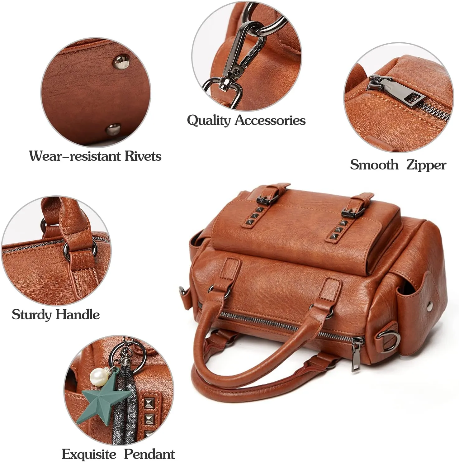 PORRASSO Retro Handbag Women's Shoulder Bags Women Shoulder Bags with Pendant Waterproof PU Leather Handbag Work Travel Date Boston Bag