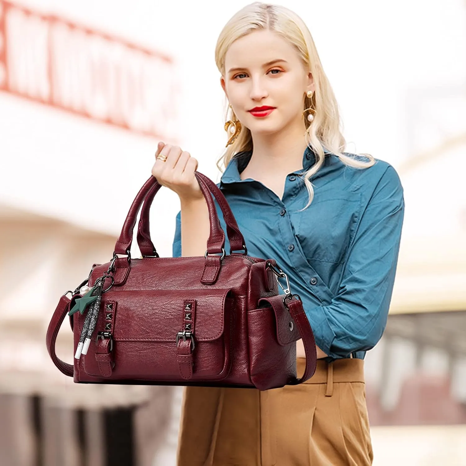 PORRASSO Retro Handbag Women's Shoulder Bags Women Shoulder Bags with Pendant Waterproof PU Leather Handbag Work Travel Date Boston Bag