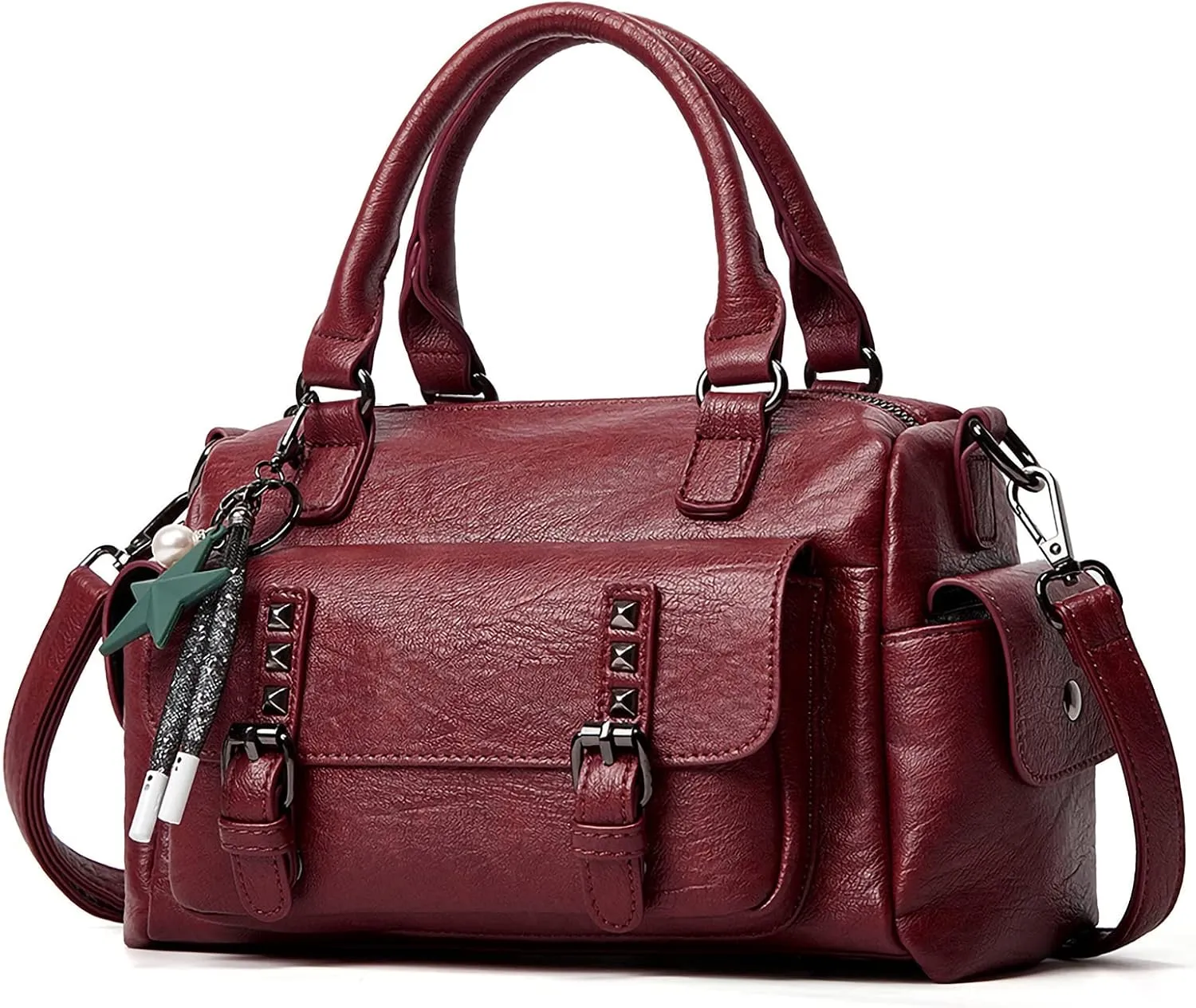 PORRASSO Retro Handbag Women's Shoulder Bags Women Shoulder Bags with Pendant Waterproof PU Leather Handbag Work Travel Date Boston Bag
