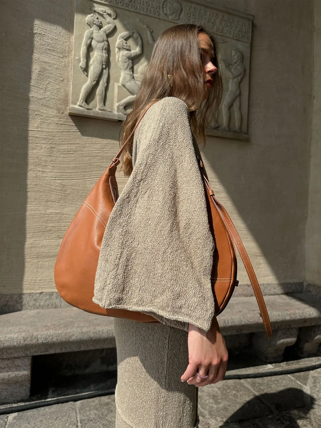 Potenza Brandy/Contrast Stitch Grained leather Large hobo bag