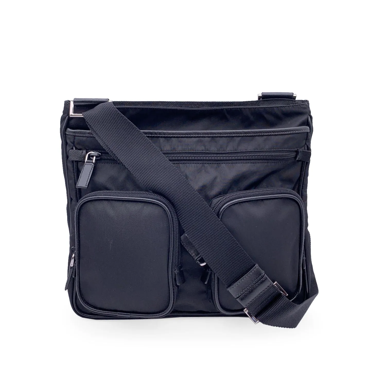 Prada Black Nylon Canvas Double Pockets Crossbody Messenger Bag