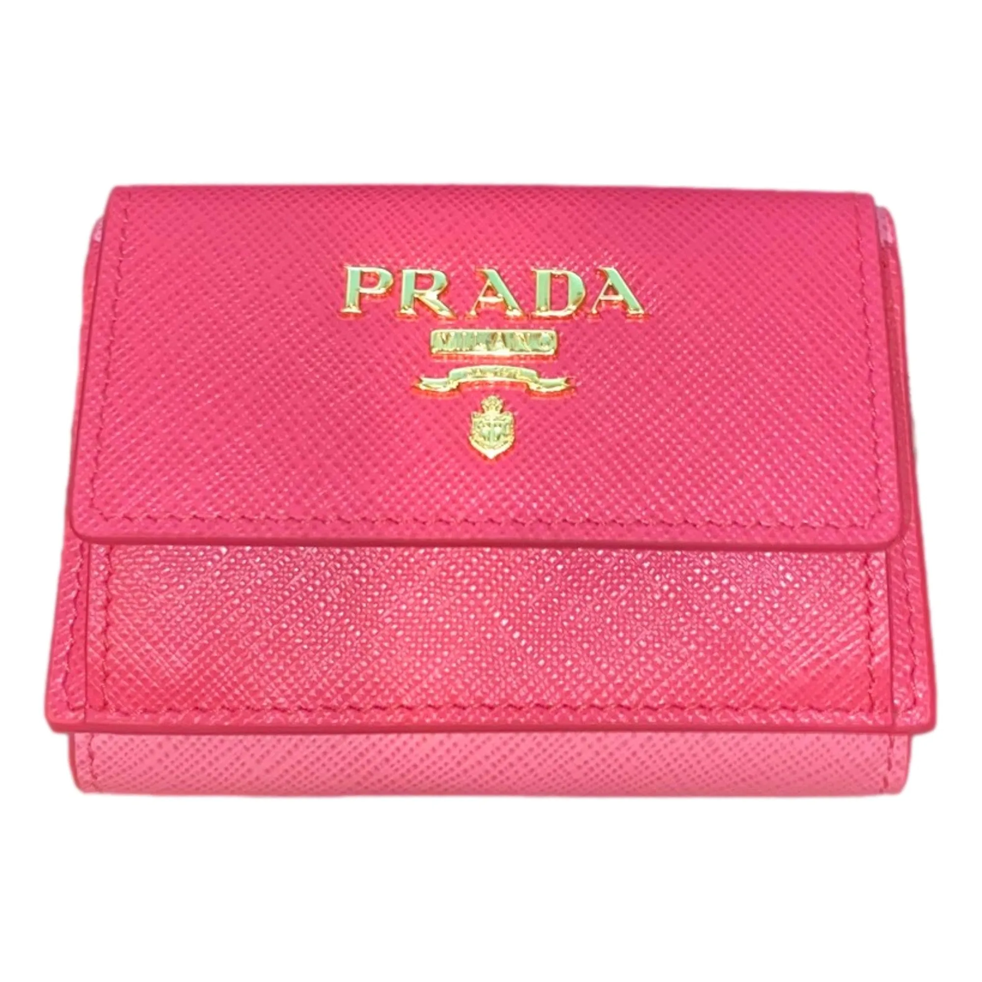Prada Tri-Fold Saffiano Wallet Womens Pink Multicolor Gold Prada Logo