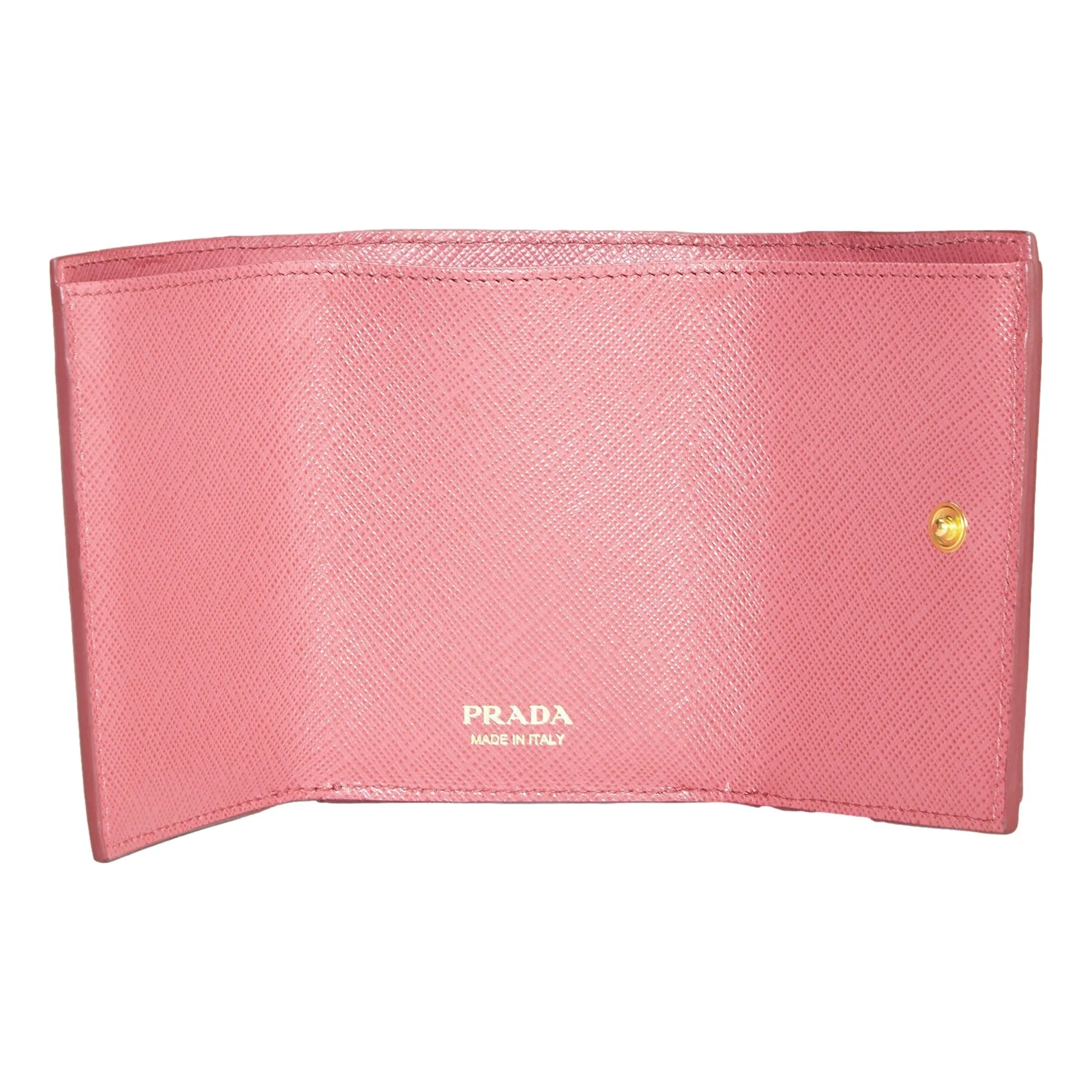 Prada Tri-Fold Saffiano Wallet Womens Pink Multicolor Gold Prada Logo
