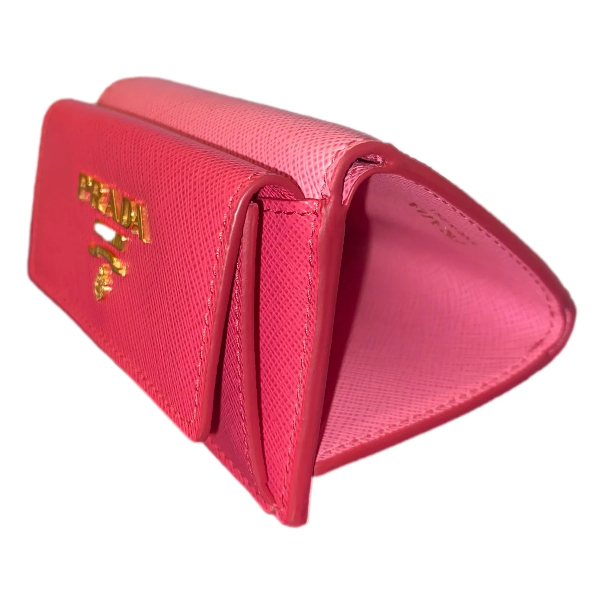 Prada Tri-Fold Saffiano Wallet Womens Pink Multicolor Gold Prada Logo