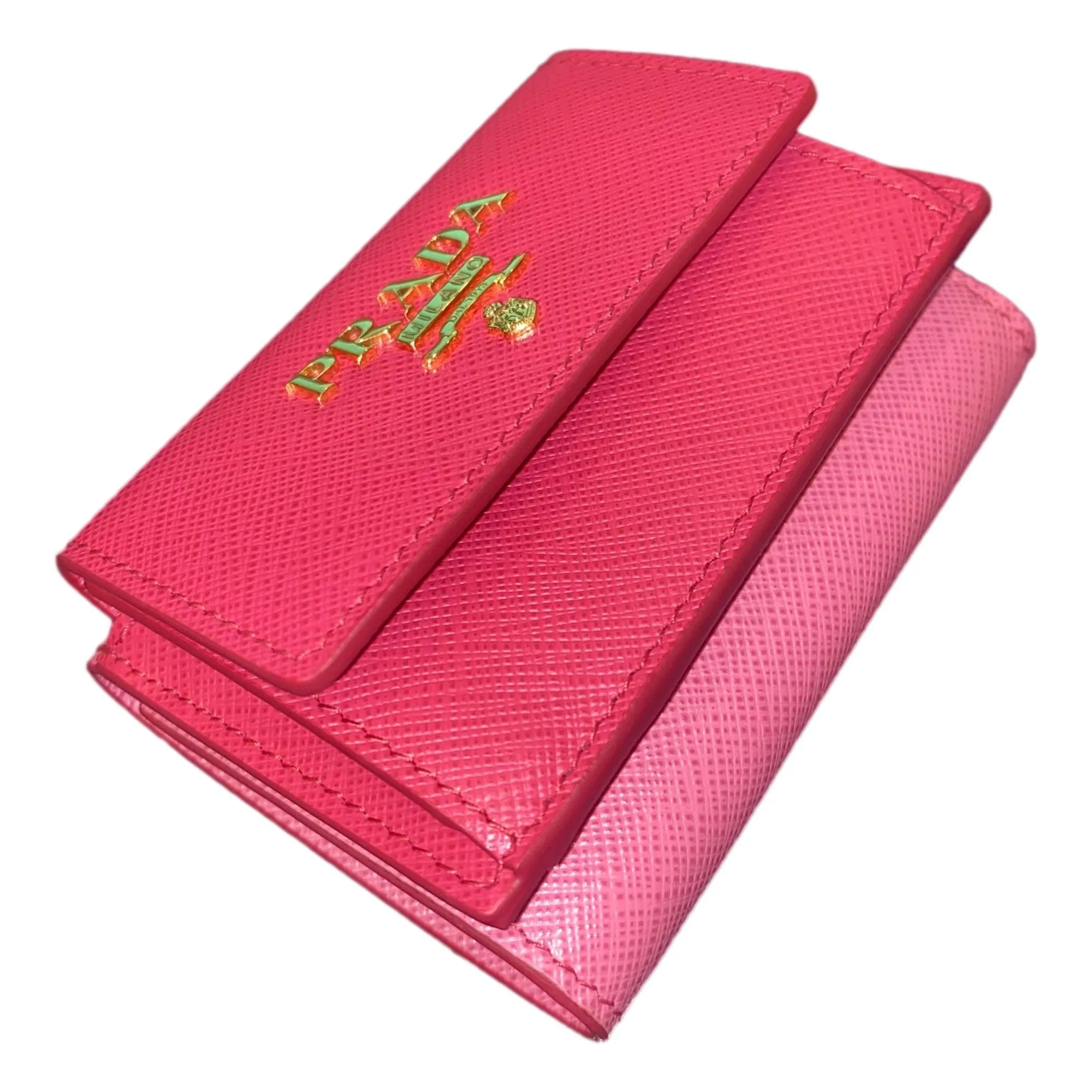 Prada Tri-Fold Saffiano Wallet Womens Pink Multicolor Gold Prada Logo