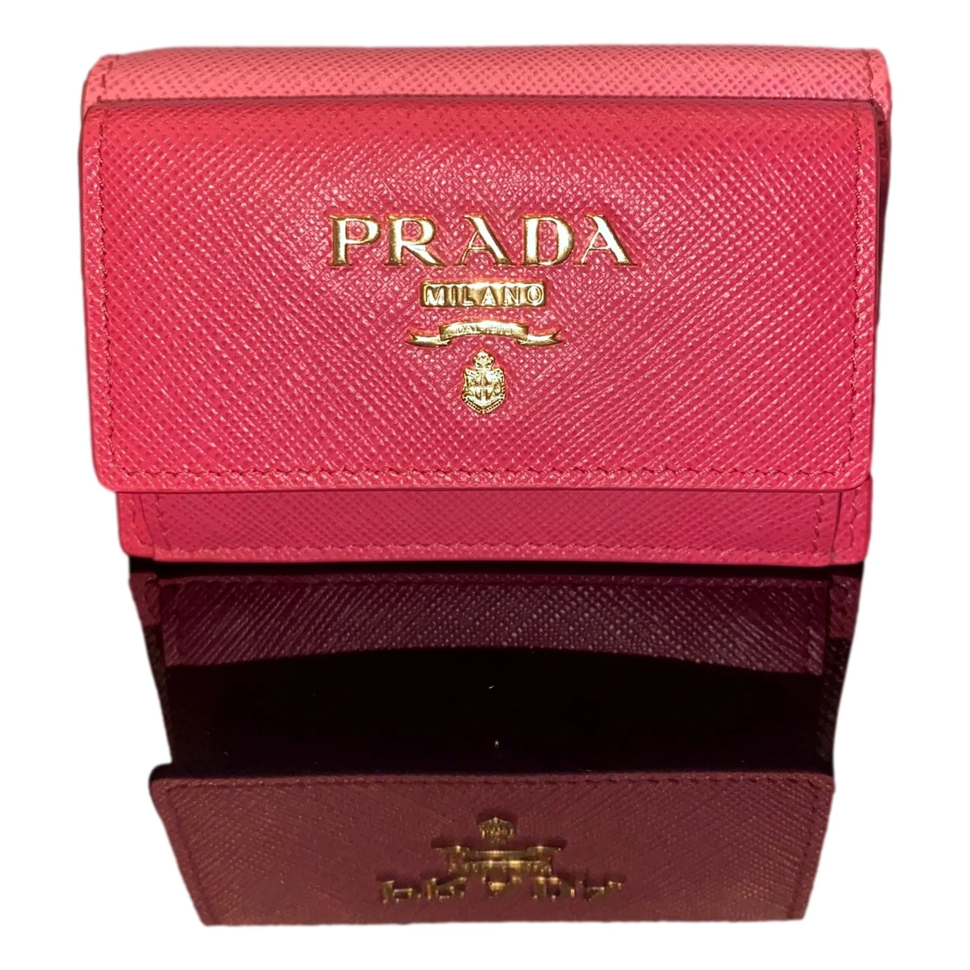 Prada Tri-Fold Saffiano Wallet Womens Pink Multicolor Gold Prada Logo
