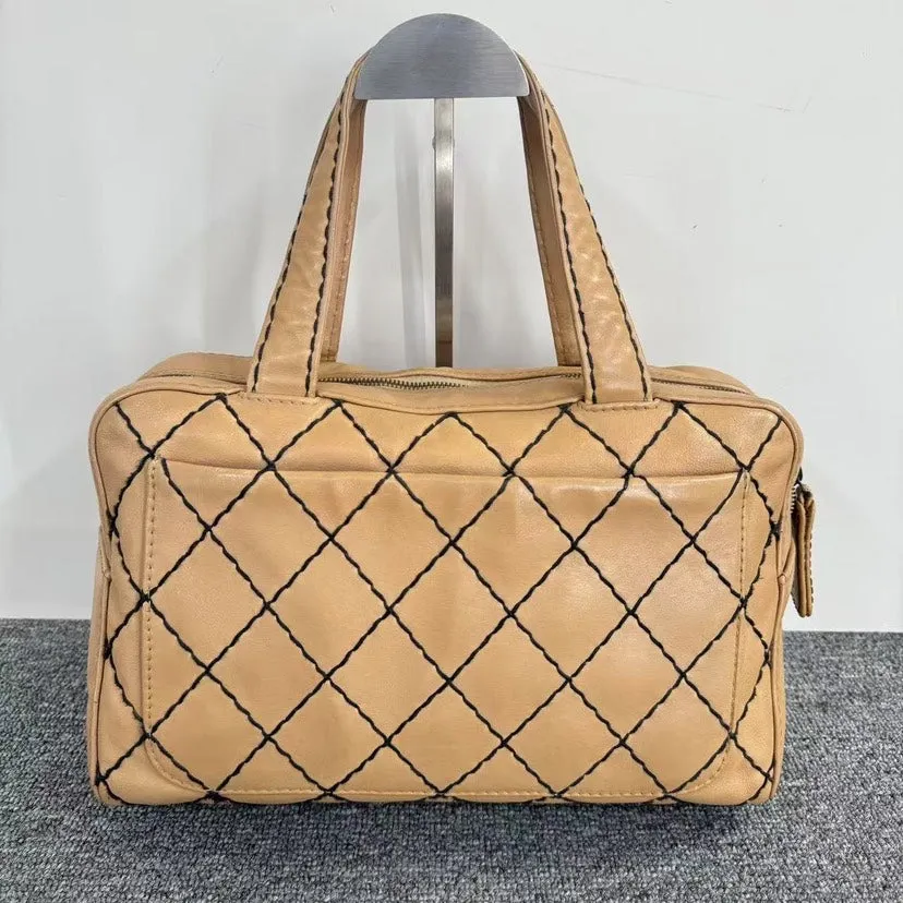 Preloved Chanel Diamond Quilted Beige Leather Shoulder Tote Bag
