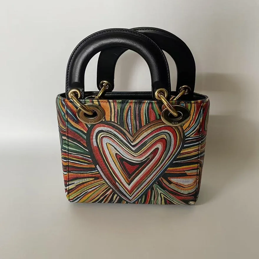 Preloved Christian Dior Lady Dior Multicolor Heart Embroidery Top Handle Bag