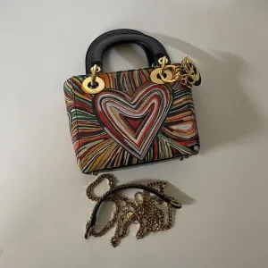 Preloved Christian Dior Lady Dior Multicolor Heart Embroidery Top Handle Bag