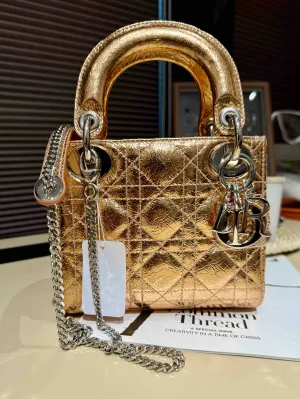 Preloved Dior Lady Dior Metallic Calfskin Gold Small Tote Bag (2016)