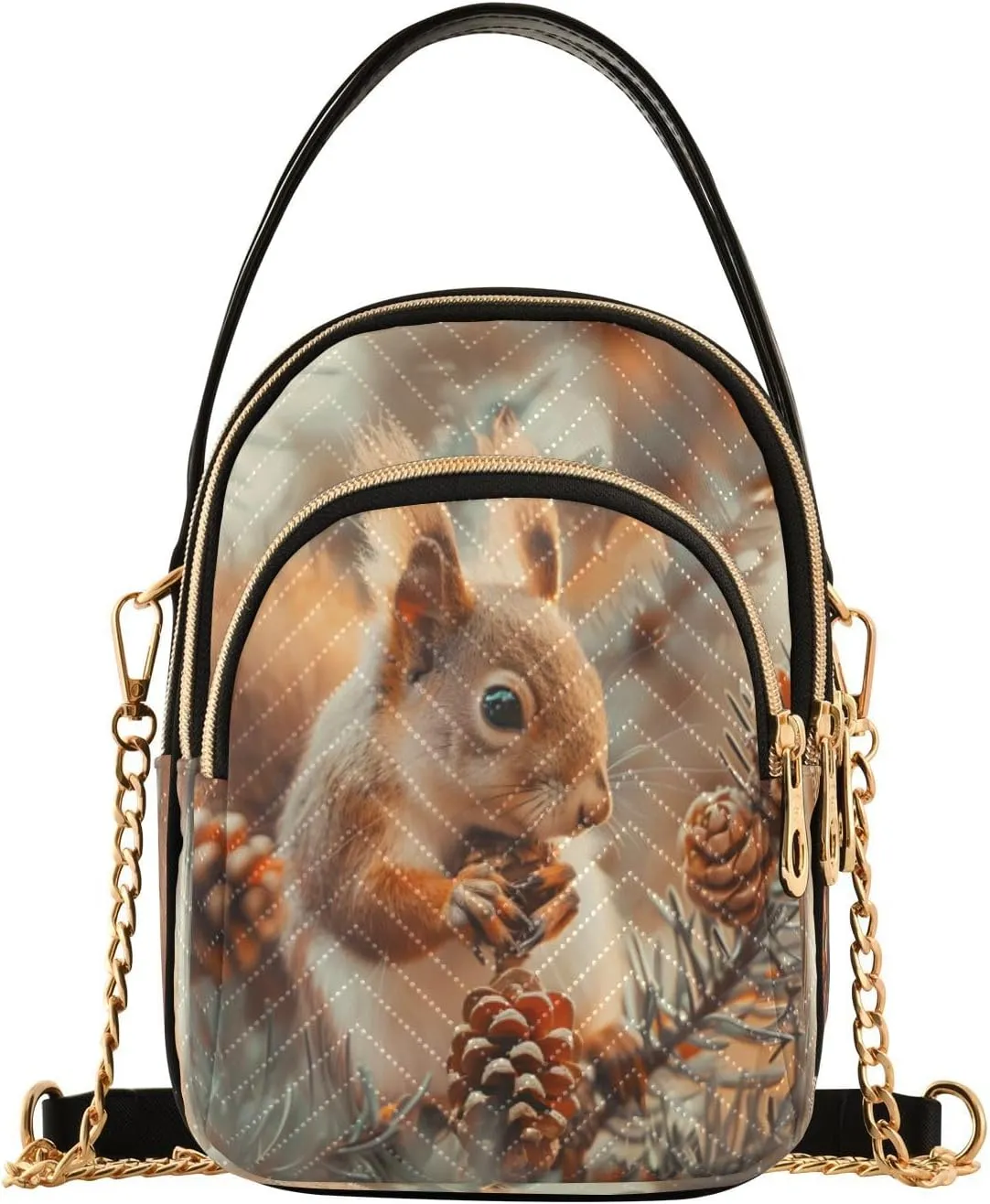 Quilted Crossbody Bags for Women,Cute Squirrels Pine Cones Women's Crossbody Handbags Small Travel Purses Phone Bag