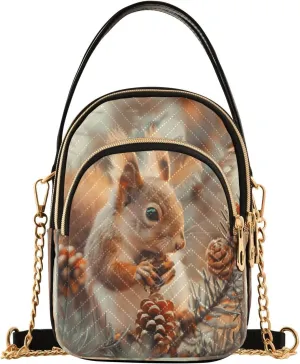 Quilted Crossbody Bags for Women,Cute Squirrels Pine Cones Women's Crossbody Handbags Small Travel Purses Phone Bag