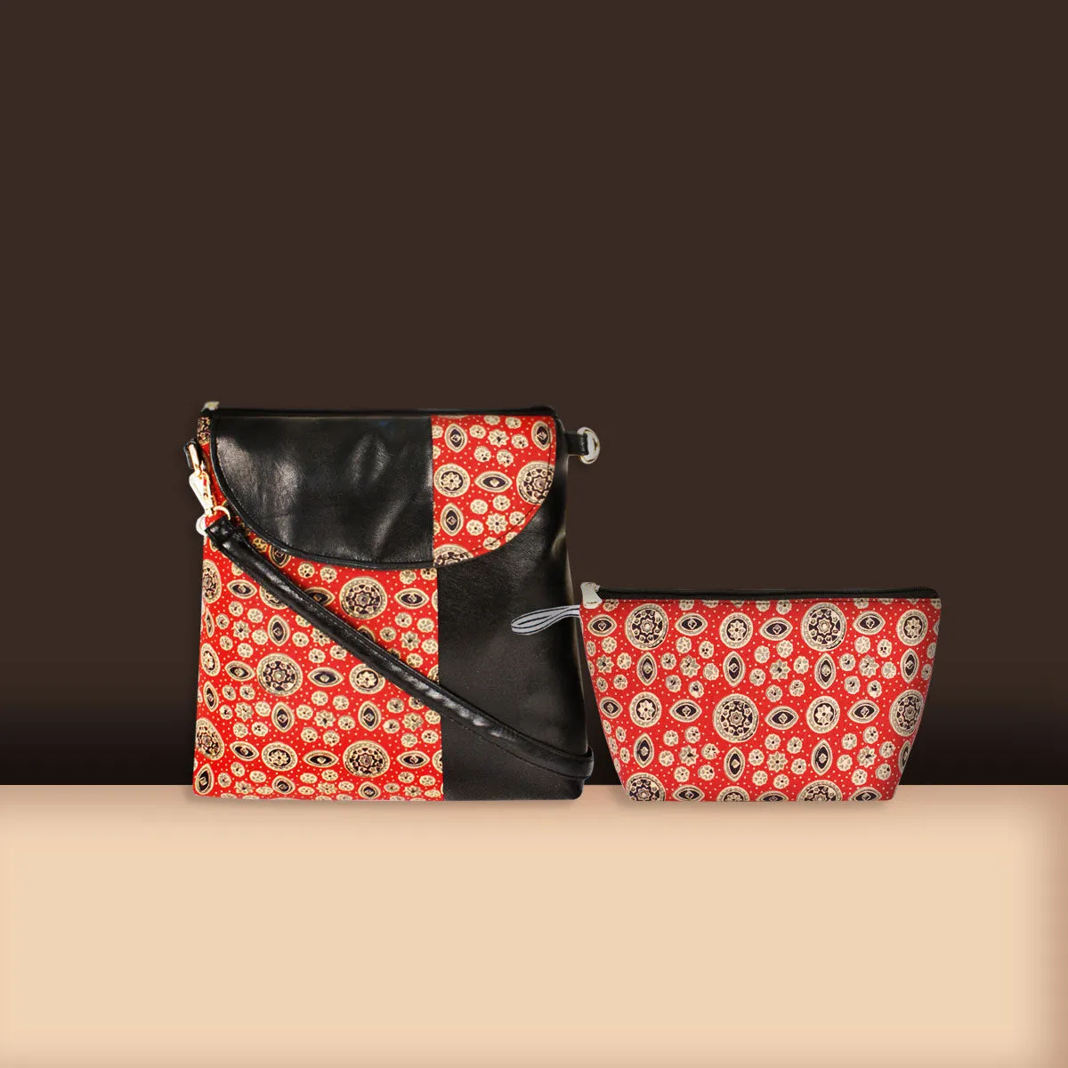 Red Ajrakh Messenger Pouch Combo