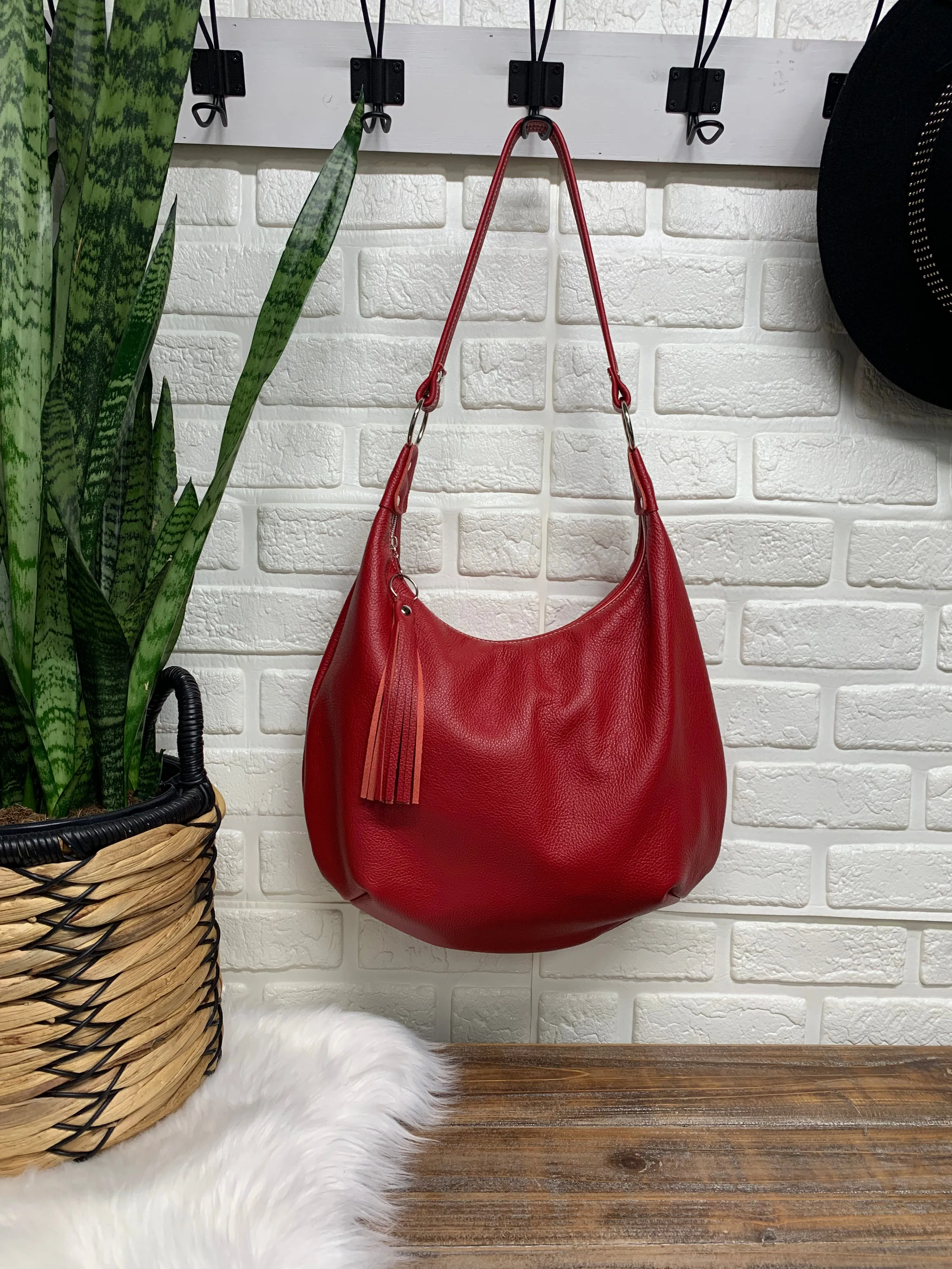 Red leather hobo bag,  genuine leather handbag