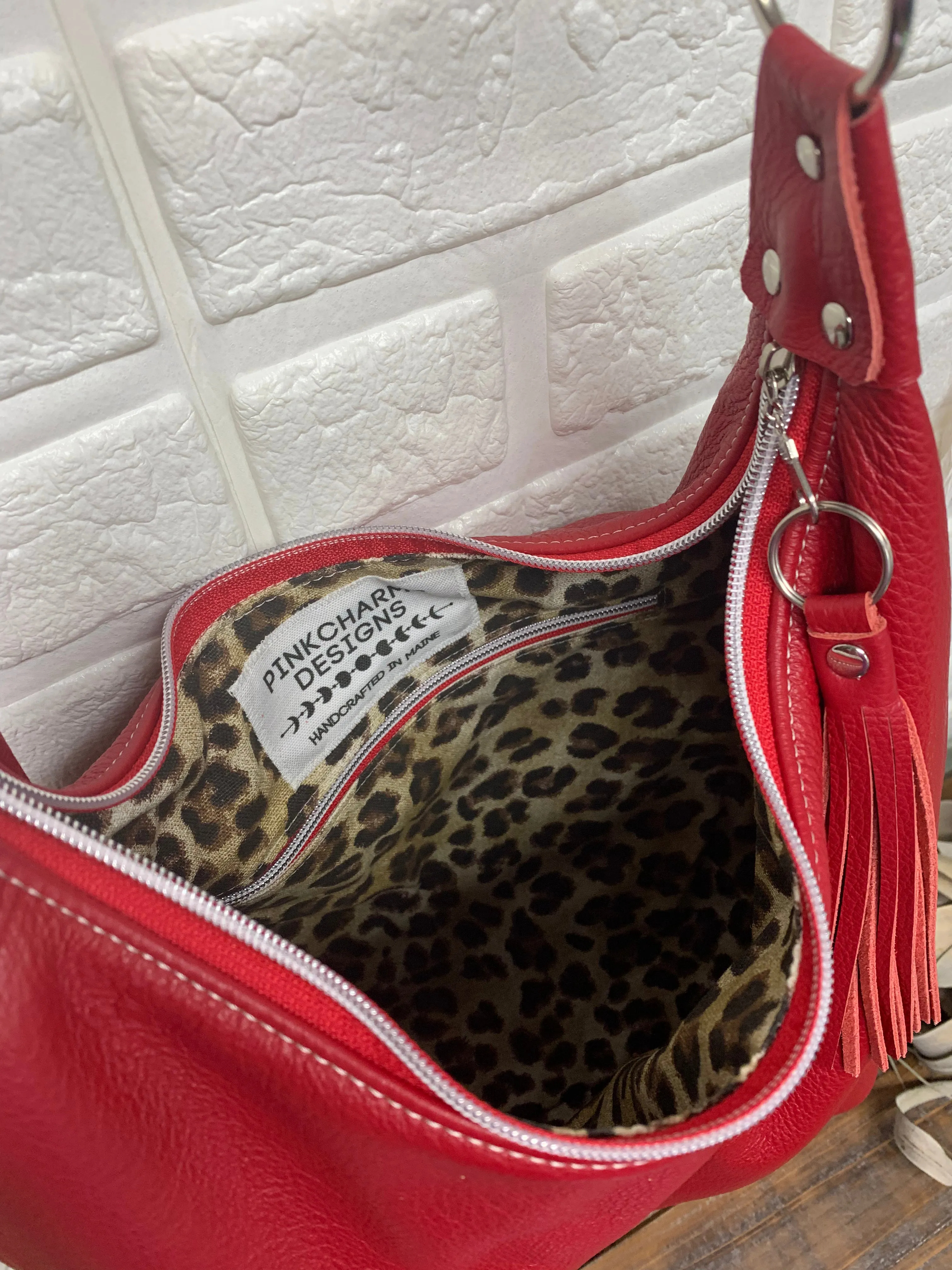 Red leather hobo bag,  genuine leather handbag