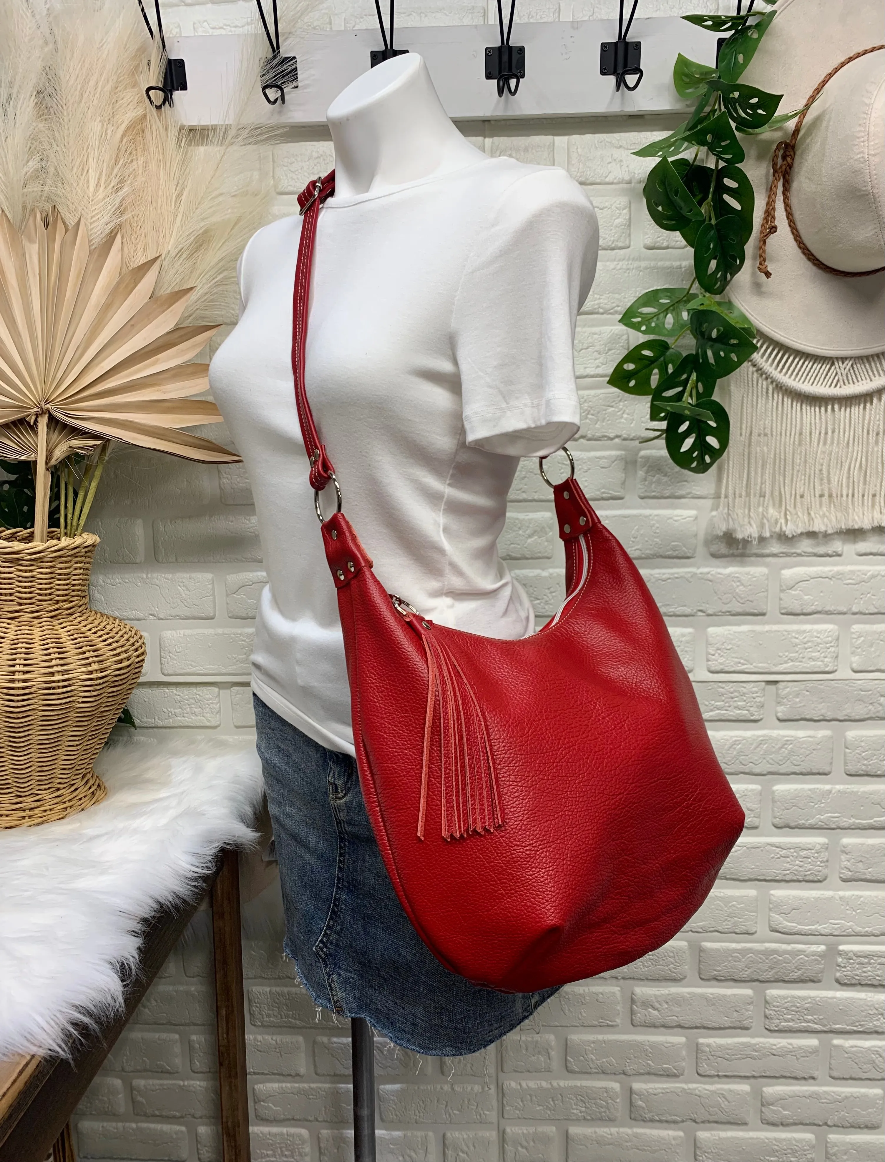 Red leather hobo bag,  genuine leather handbag