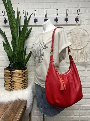 Red leather hobo bag,  genuine leather handbag
