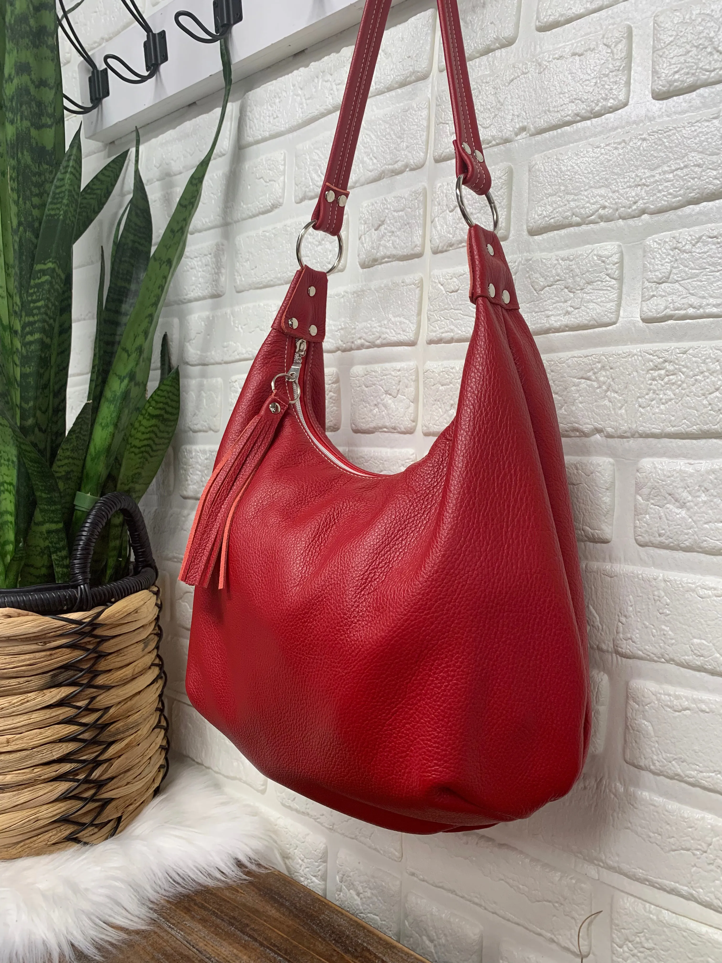 Red leather hobo bag,  genuine leather handbag