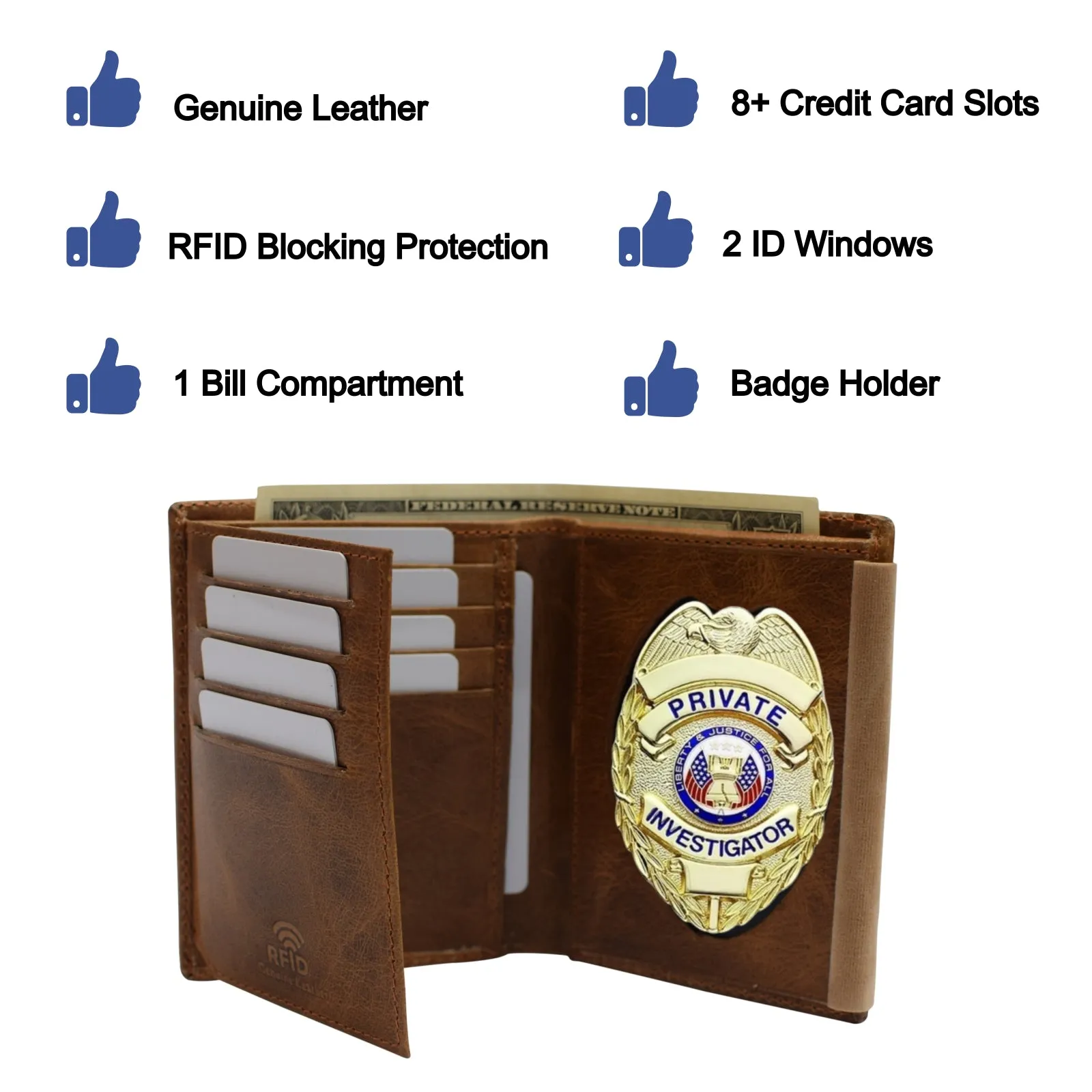 RFID Blocking Genuine Leather Badge Holder Bifold Wallet USA Series