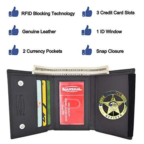 RFID Blocking Genuine Leather Trifold Round Badge Holder Wallet Black with Snap Closure RFID2540TABK