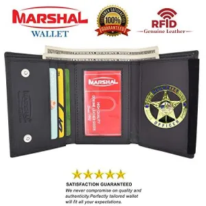 RFID Blocking Genuine Leather Trifold Round Badge Holder Wallet Black with Snap Closure RFID2540TABK