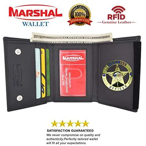 RFID Blocking Genuine Leather Trifold Round Badge Holder Wallet Black with Snap Closure RFID2540TABK