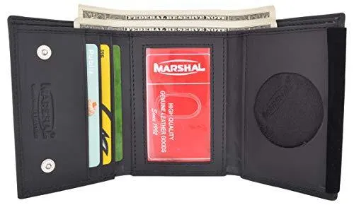 RFID Blocking Genuine Leather Trifold Round Badge Holder Wallet Black with Snap Closure RFID2540TABK
