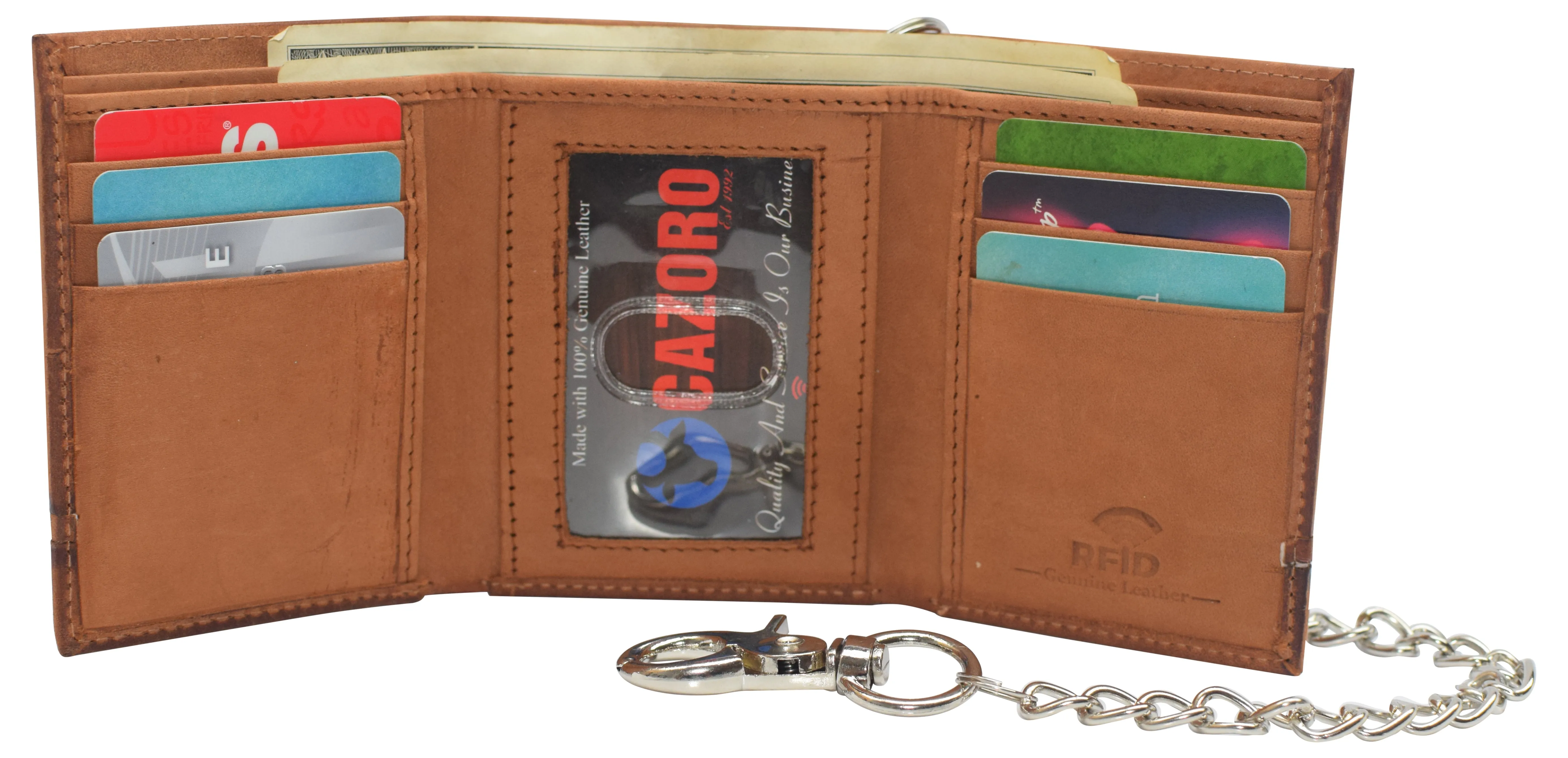 RFID Blocking Men's Chain Biker Leather Classic Slim Trifold Wallet with 8 Cards 1 ID Window   2 Note Compartments