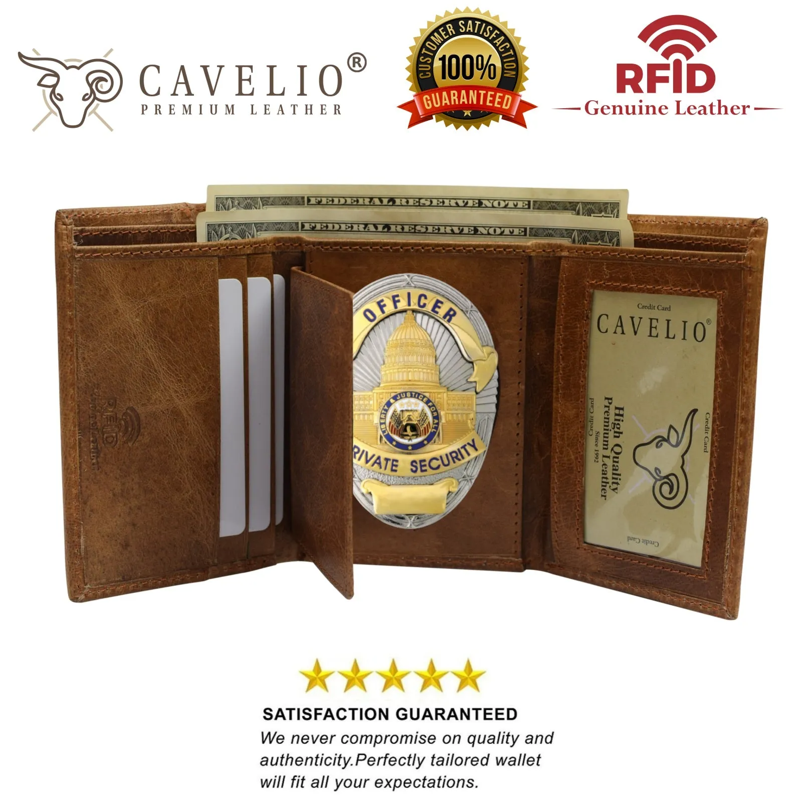 RFID Genuine Leather Trifold Badge Holder Wallet Police Badge Holder USA Series