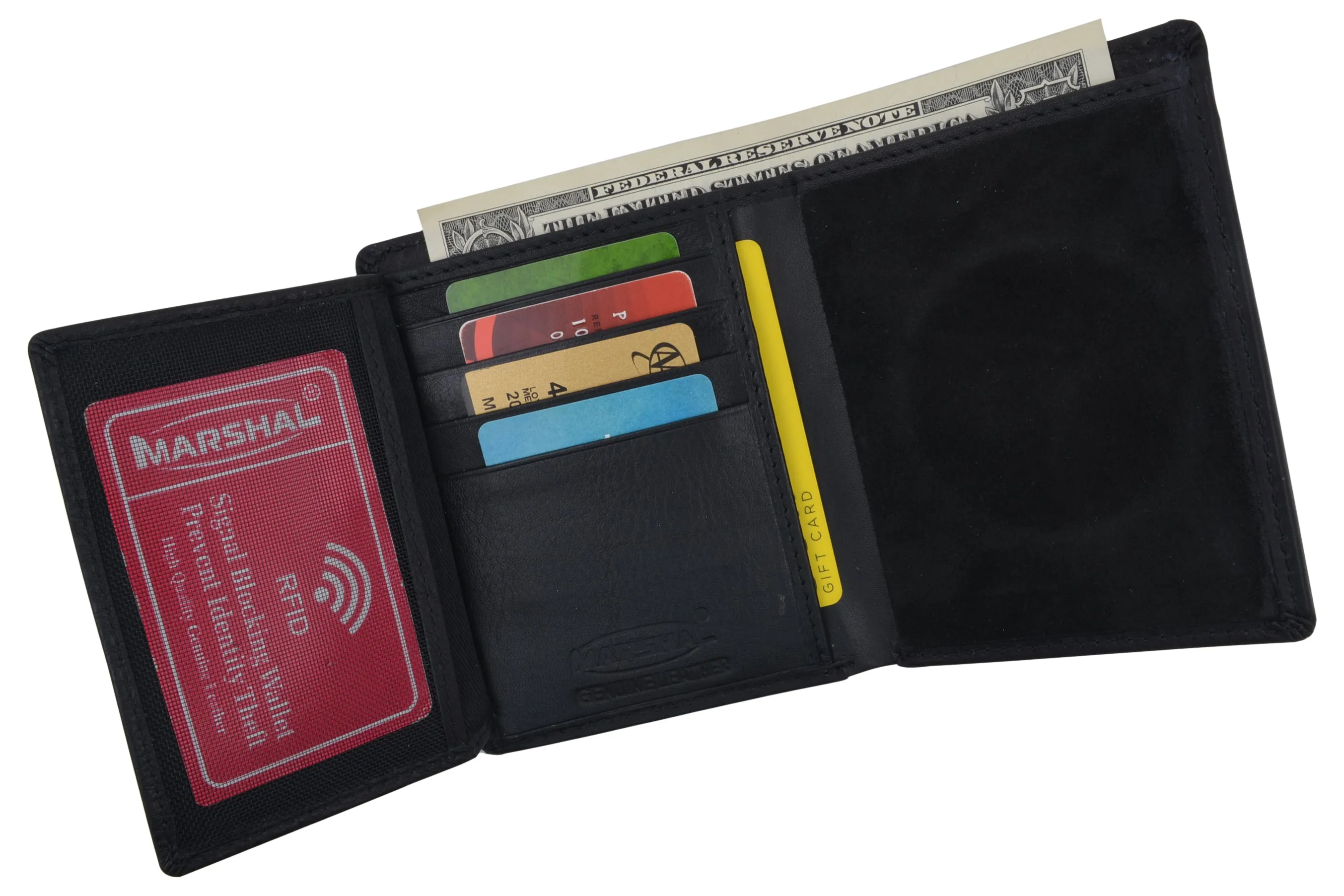 RFID Mens Genuine Leather Trifold Wallet with Security Badge Holder Black