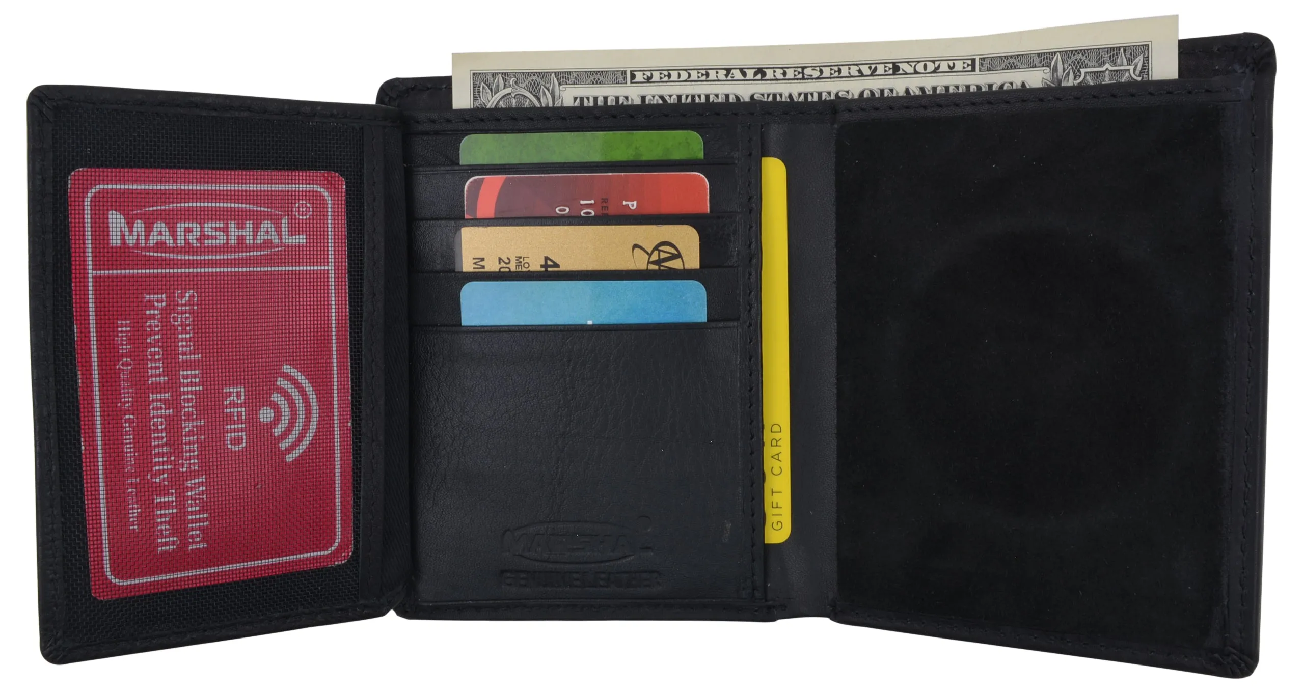 RFID Mens Genuine Leather Trifold Wallet with Security Badge Holder Black